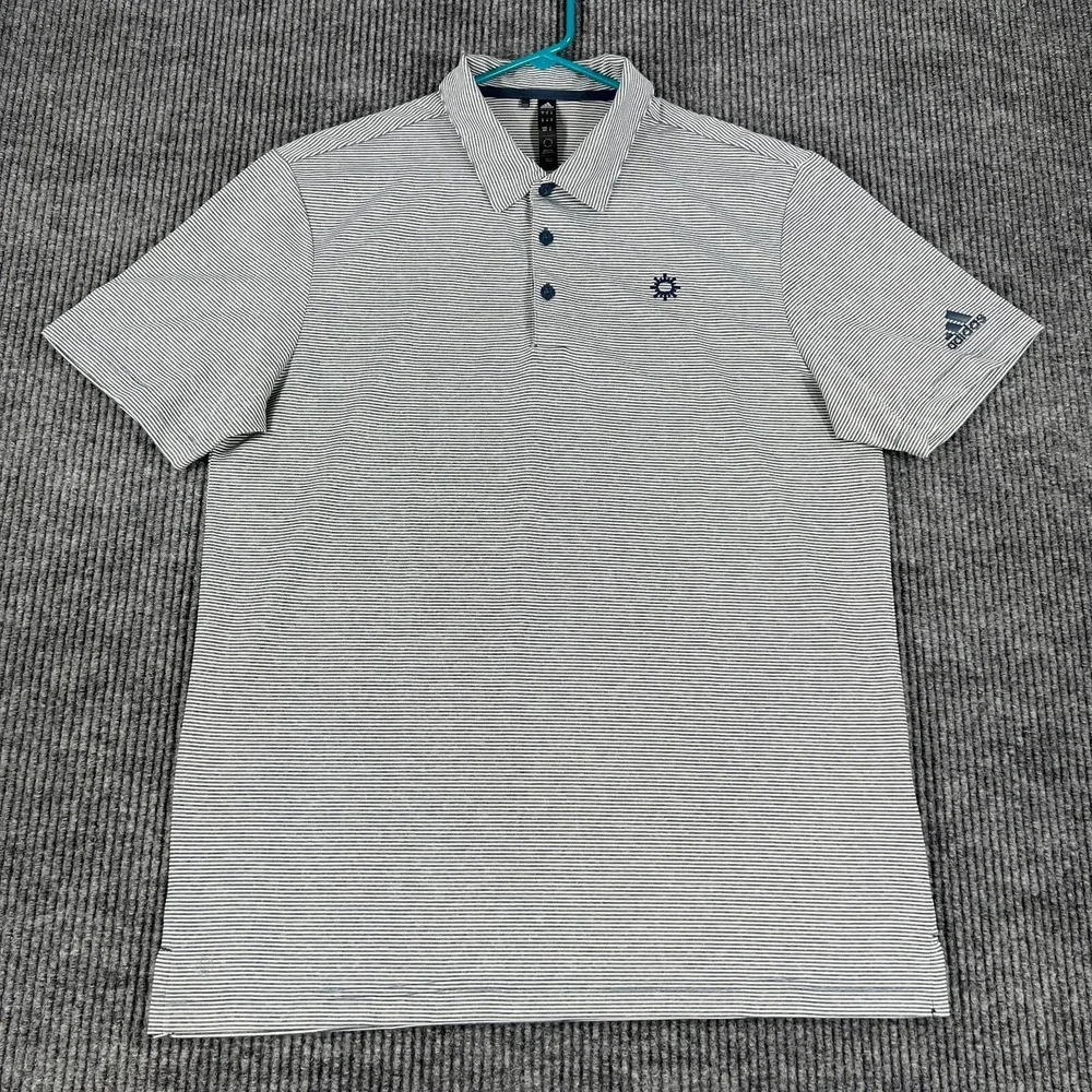 Adidas Shirt Polo Mens Medium Gray Striped Short Sleeve Golf Outdoor Casual